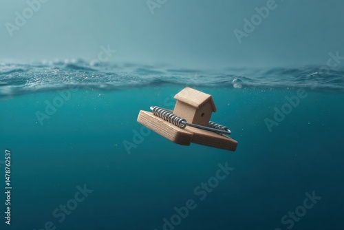 Underwater Financial Risk Visualization Miniature House Trapped on Wooden Mousetrap - Metaphorical of Mortgage Vulnerability and Economic Uncertainty