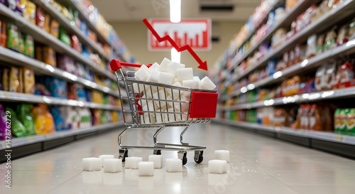 Sugar Price Drop in Supermarket Shopping Cart with Falling Graph