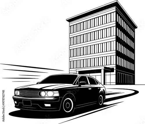 Bold black outline of a side-view car driving away from tall office building, ideal for work escape, commute visuals, and Leave The Office Early Day designs
