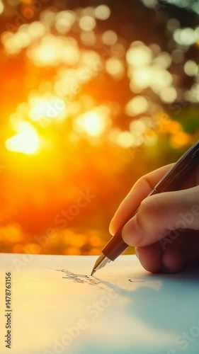 Hand writing on paper with pen during beautiful sunlight shining through blurred bokeh background