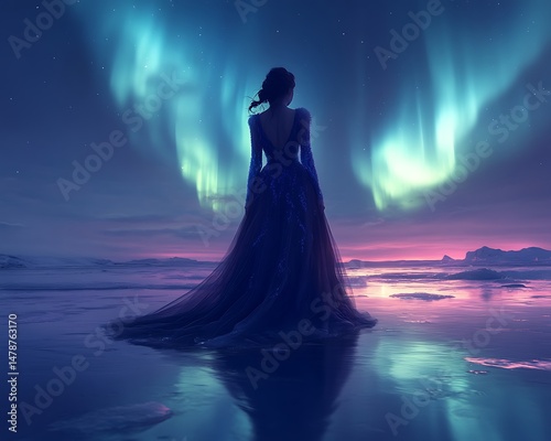 Woman in a blue dress by aurora borealis