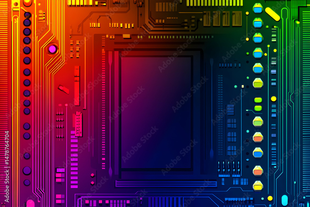 Fototapeta premium Vibrant rainbow-hued circuit board; abstract technology background. Ideal for tech, gaming, or futuristic designs.