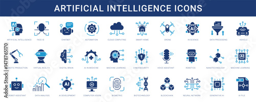 Artificial intelligence icon set. Containing machine learning, data science, AI, virtual assistant, generative AI, technology, Turing test and more. Solid vector icons collection.