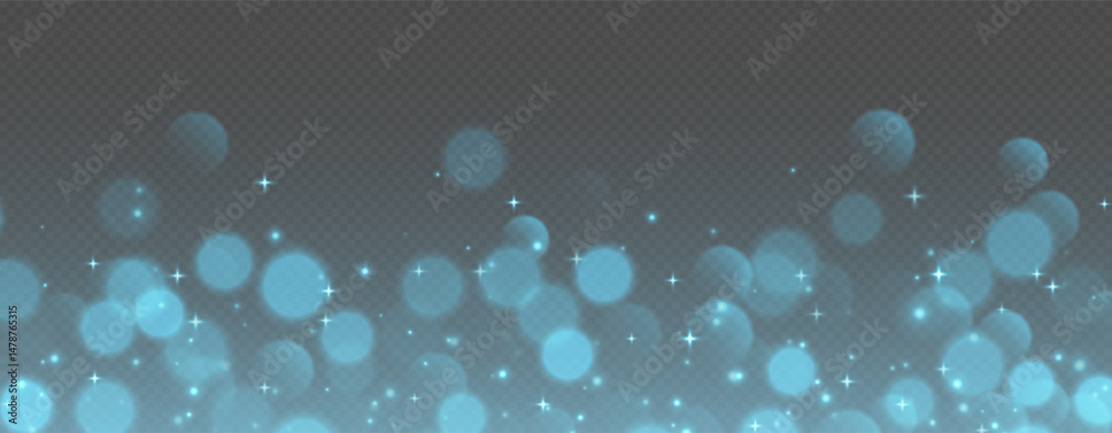Blue bokeh with stars and sparkles, shiny overlay decoration isolated on grey background. Vector illustration.