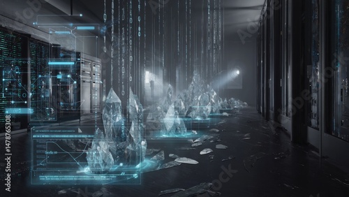 Futuristic data center with digital code rain and ice crystals on shattered ground