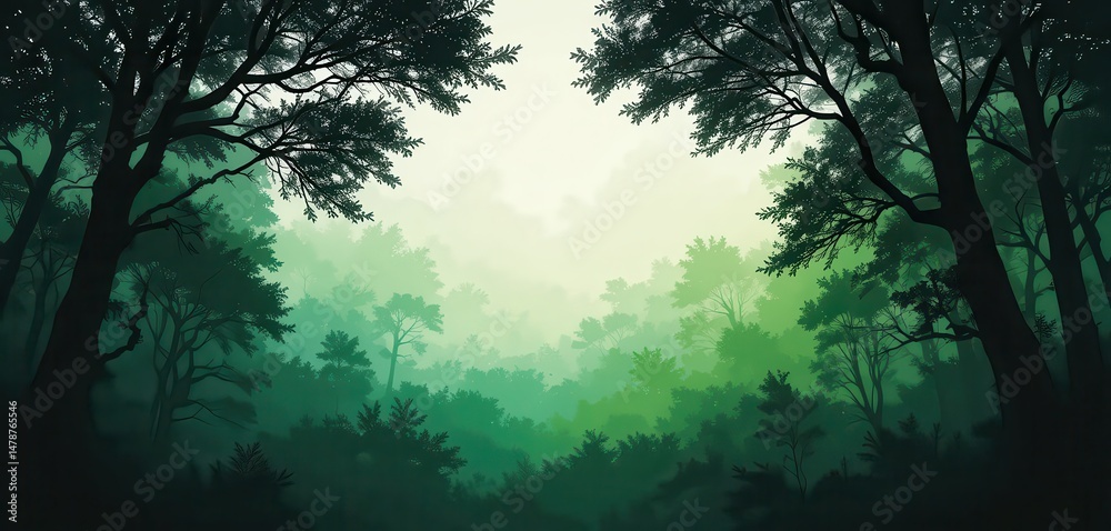 Fototapeta premium Green Forest Landscape with Trees and Mist