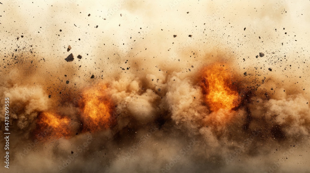 Obraz premium Fiery Explosion of Dust and Debris, Close Up View of a Powerful Blast, Dramatic and Intense Scene