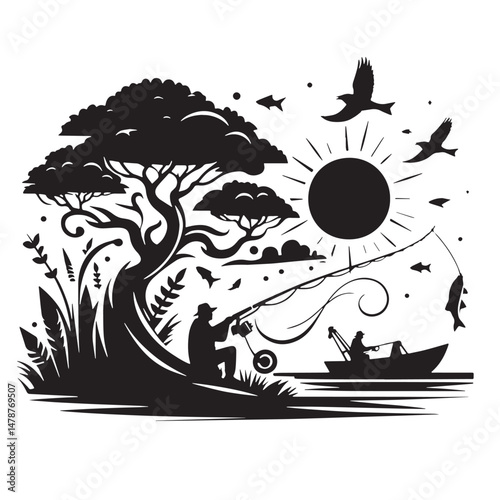 Fishing Silhouette line art vector illustration on white background