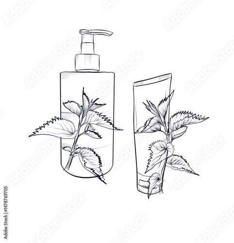 Two herbal cosmetic containers with nettle plant coloring page vector