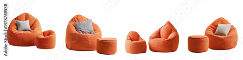 Cozy, vibrant orange bean bag chairs with soft textures, including a rounded pouf, ideal for relaxation and casual living spaces, enhancing comfort and style.