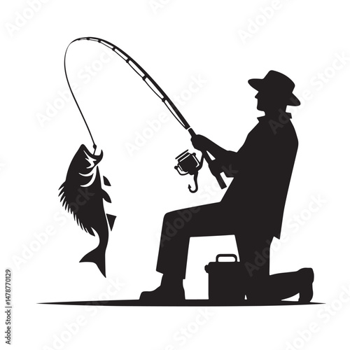 Fishing Silhouette line art vector illustration on white background