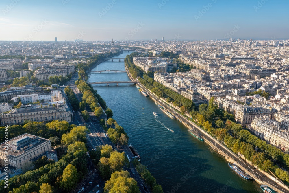 Obraz premium Paris seen from above, with the River Seine and famous landmarks lit by the sunny day.