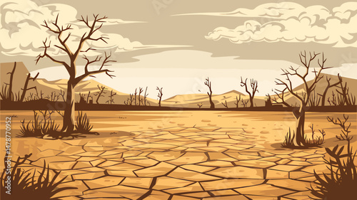 Drought vector illustration. Barrren land with dry trees and mountains. Book cover.