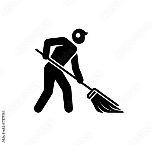 Sweeper icon vector in black color with white background. Man with broom icon.