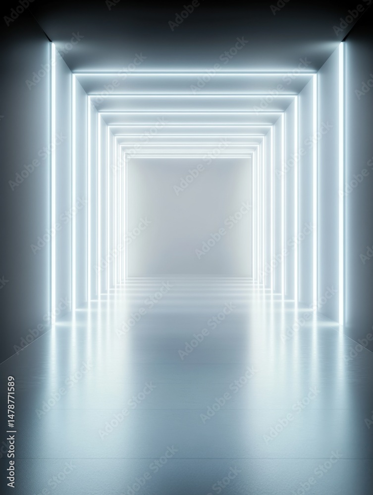 Fototapeta premium Minimalist corridor with neon lights perspective view in futuristic interior design, clean modern architecture, abstract conceptual background