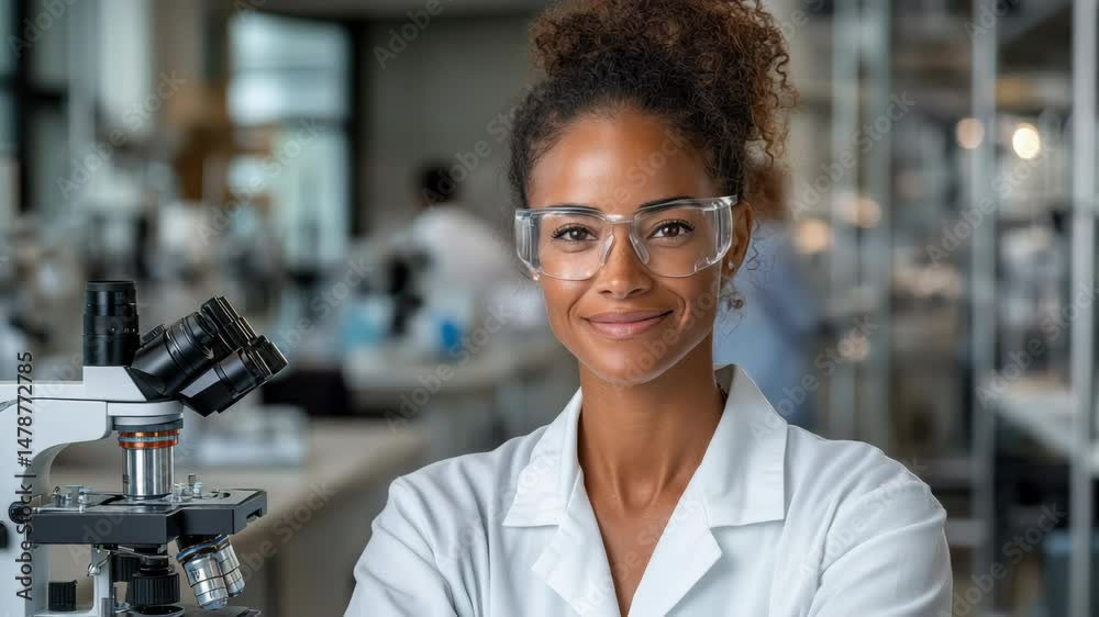 Laboratory research with confident scientist using microscope and safety glasses in lab equipment. Laboratory research with confident scientist using microscope and safety glasses in lab equipment.