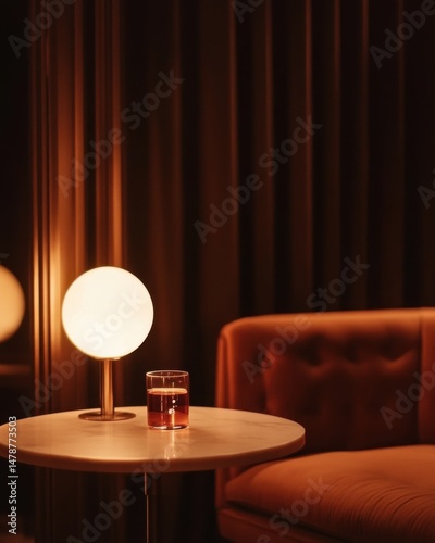 Glass of whiskey on marble table next to glowing lamp in warm toned lounge interior close up shot