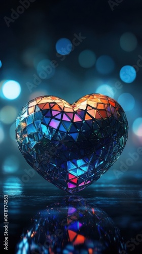 Abstract Heart of Facets Reflecting Light on a Wet Surface in a Romantic and Modern Style