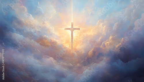 Radiant cross piercing a celestial cloud expanse.