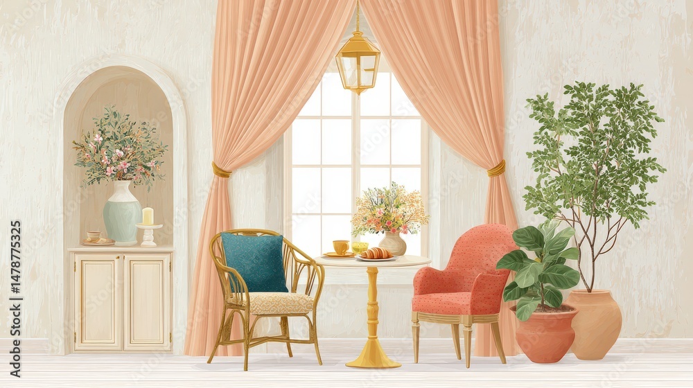 Obraz premium Mixed media cafe room featuring soft curtains, candlelight, and vintage cafe table setup with pastries and coffee, on white background.