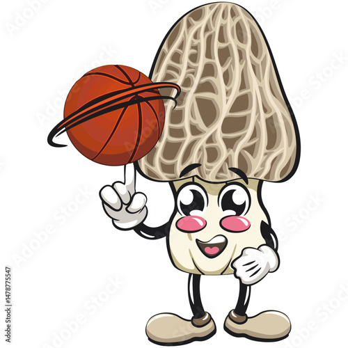 Cute Morchella mushroom vektor illustration mascot character spin the basketball with the index finger, work of hand drawn