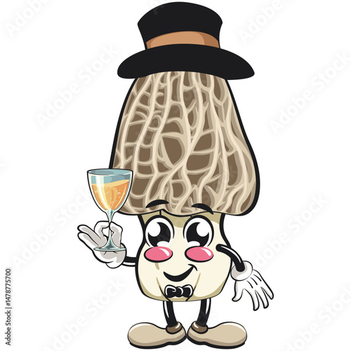 Cute Morchella mushroom vektor illustration mascot character wearing a hat and bow tie raising a wine glass, work of hand drawn