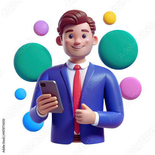 3d Cartoon Businessman Using Smartphone with Chat Bubbles PNG