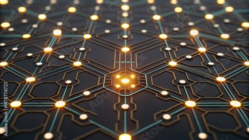 Futuristic circuit design with glowing nodes interconnected on a dark surface, suggesting technology and digital networks.