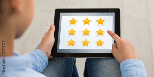 A person using a tablet to rate or review with yellow star icons displayed on the screen.