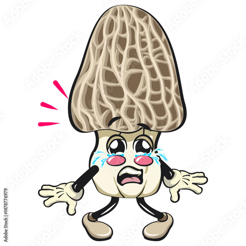 Cute Morchella mushroom vektor illustration mascot character crying sadly, work of hand drawn