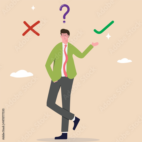 Making decision right or wrong, process of choosing best solution problem, facing challenges, businessman making the right or wrong choice.