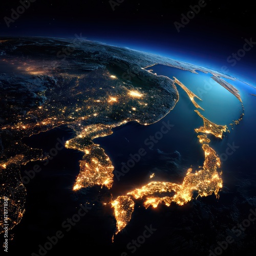 Cities across Asia illuminated at night, visible from space, with China, Japan, and South Korea lit up.