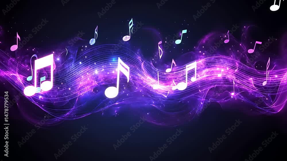 A purple galaxy has musical notes floating above it, creating a beautiful and surreal visual