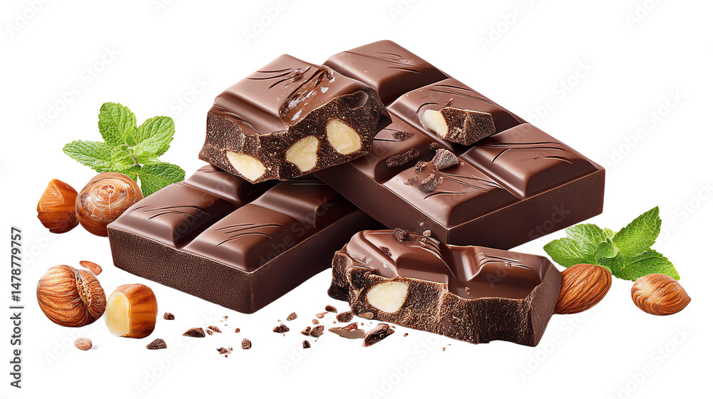 Dark Chocolate Hazelnut Bars with Cocoa Nibs and Mint, cut out, no background Dark Chocolate Hazelnut Bars with Cocoa Nibs and Mint, cut out, no background