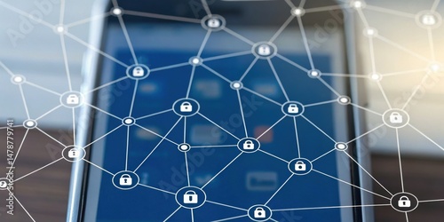 Digital network graphic overlaying a smartphone, symbolizing connectivity and cybersecurity.