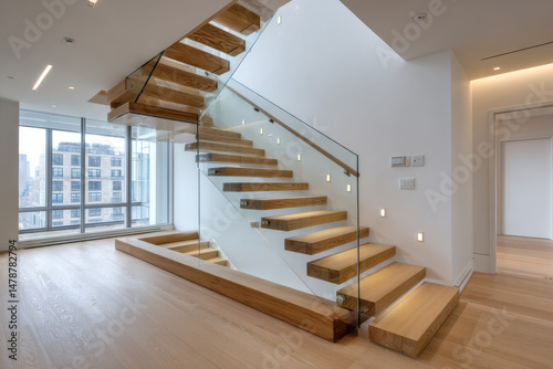 Minimalist staircase featuring wooden steps  glass railing  and ambient recessed lighting for a stylish architectural look