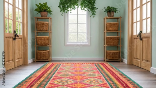 Bright room with potted plants  woven baskets on shelves  and a colorful patterned rug under a window with natural light.