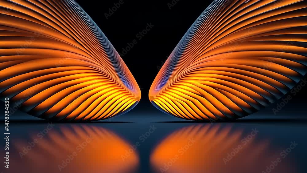 Abstract image of two symmetrical, orange, curved structures with parallel lines that appear to be made of metal on a dark blue surface