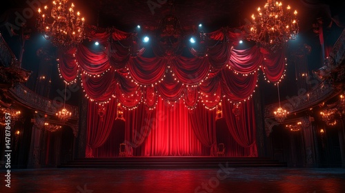 Grand Theater Stage: A majestic stage, draped in rich red velvet curtains, awaits the spotlight. Crystal chandeliers cast a warm glow, setting the scene for an unforgettable performance. 