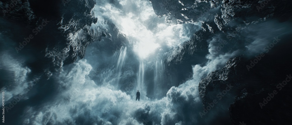 Fototapeta premium A solitary figure stands amidst a vast, ethereal cavern filled with swirling clouds