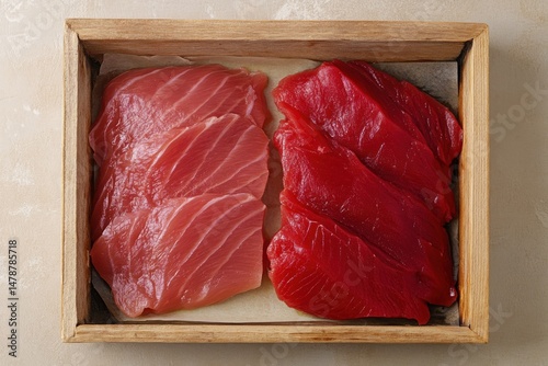 Fresh Tuna Slices in Wooden Box Overhead Close Up Food Photography Preparation Ingredient Raw Fish Culinary Art