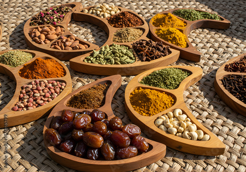 Colorful spices and fruits in wooden bowls photo