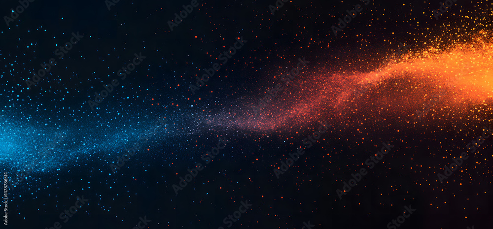 Fototapeta premium Abstract Blue and Orange Particle Flow on Dark Background Cosmic Dust, Nebula