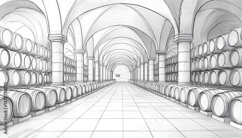 Elegant, lined interior sketch of a wine cellar.