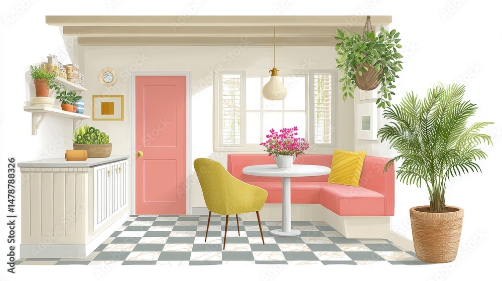 Fototapeta premium Whimsical vintage cafe blueprint--checkerboard floors, rustic decor accents, and cozy seating arrangements--layered in soft textures