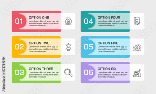 6 colorful infographic labels with options of icons and numbers. Presentation, Banner, Brochure and Plan. Vector illustration.