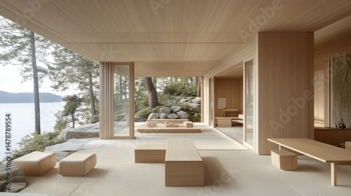 Modern minimalist wooden cabin overlooking a serene lake. photo