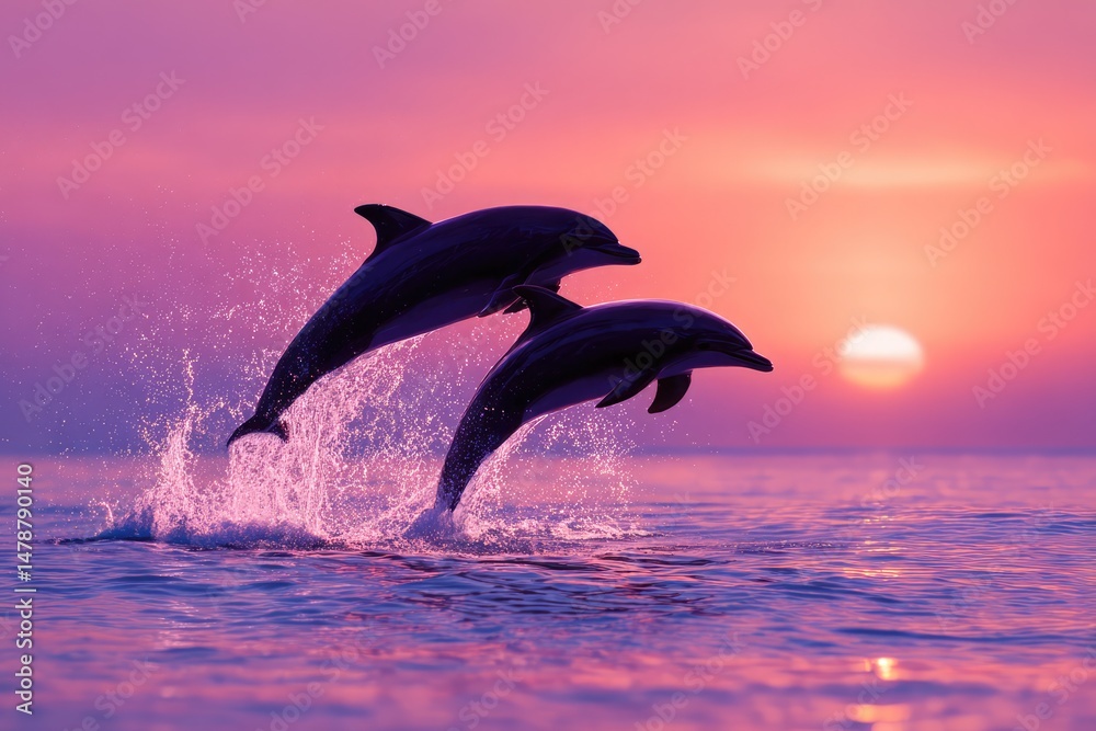 Obraz premium Two dolphins leap gracefully from the ocean at sunset, silhouetted against a vibrant sky painted in shades of pink, purple, and orange.