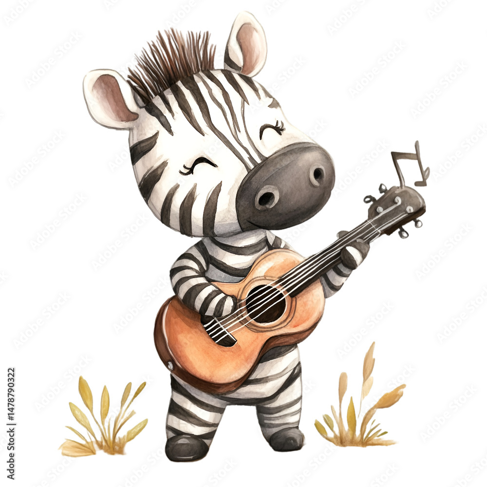 Fototapeta premium Adorable zebra playing guitar cute watercolor style whimsical environment charming perspective kawaii concept