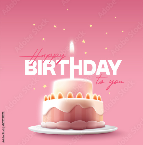 Happy Birthday celebration typography design with 3d birthday cake for greeting card, poster or banner. Vector illustration